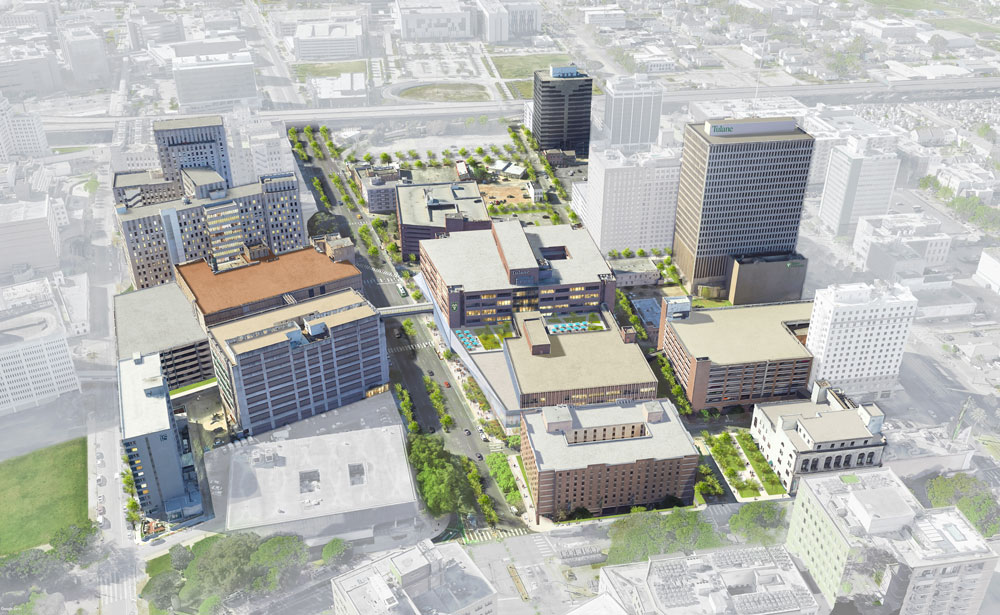 Aerial rendering of the future of Tulane Downtown.