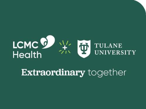 A graphic with the LCMC Health and Tulane University logos and a text underneath that reads "Extraordinary together."